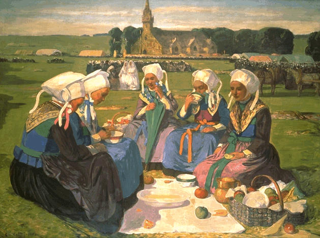Charles Cottet 1903 donne pranzano al sacco durante il Ppardon di sainte Anne la palud